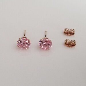 Pink 6mm CZ JCM Round 10K Yellow Gold Post Stud Earrings